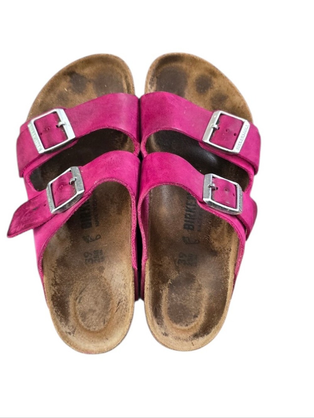 Birkenstock Arizona Fuchsia Oiled Leather Double-Buckle Slide Sandal Size 39/8 W - Picture 3 of 7